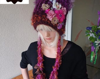 Winter Hat/Crochet cat ears HAT with flowers/Bohemian hat/Gift for her