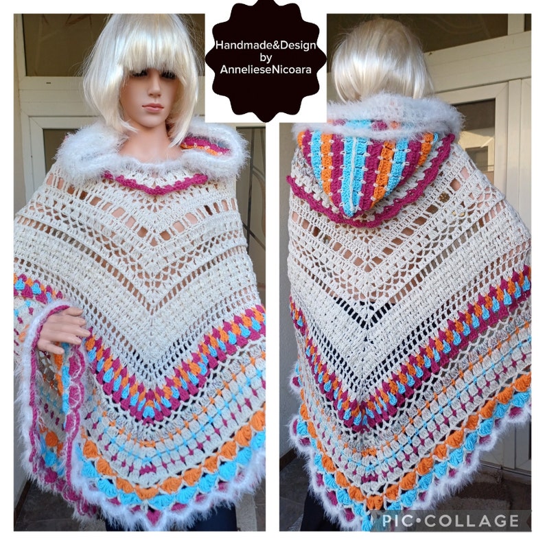 PONCHO met capuchon/gehaakte poncho met capuchon/wit, roze, oranje en blauwe wollen poncho/cadeau voor haar/3 seizoenen poncho afbeelding 2