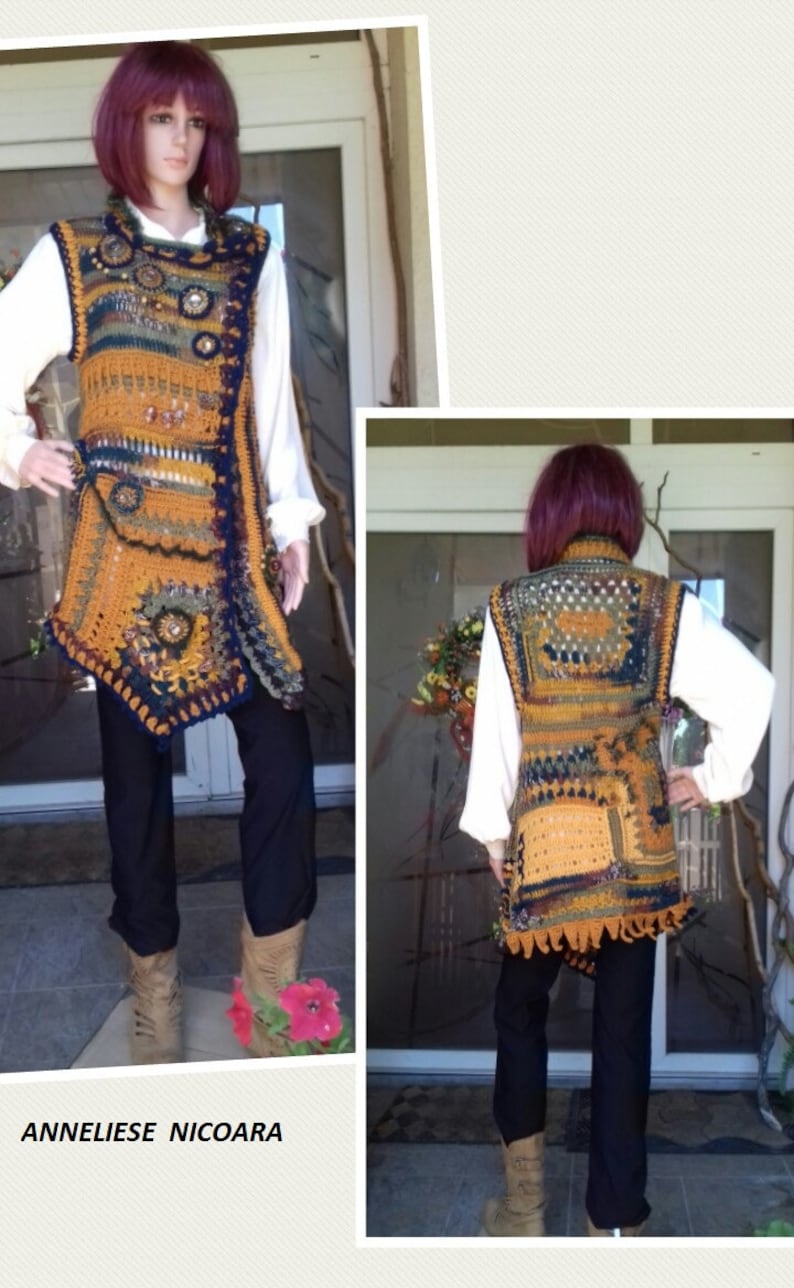 Crochet Chic Vest TunicBohemian sleevless JacketPatchwork Crochet Freestyle Asymmetric Boho Chic Vest with applications-unique design
