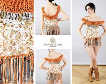 Chic Boho Hippie Freeform Crochet Blouse with fringe /Summer Beach  Cotton Blouse- Size M - L