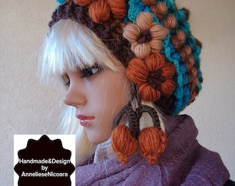 Premium Slouchy Beret/Hand crochet Bohemian Beret/Luxury French Beret/ with  3D flowers/Women's Unique Beret