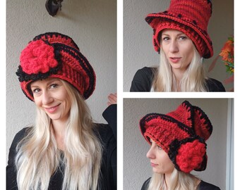 Crochet red HAT/Winter elegant hat for HER/Unique, warm and versatil hat/Christmas gift