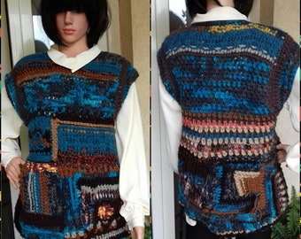 Wool Vest/Crochet Vest /Sleeveles Jumper/Unisex Vest/Free style crochet Tunic/Blue-brown knitted Vest/Size M