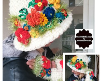 Premium Set: Mittens and Hat with embroidery flowers/ gift for woman/White wool hat with embroidery/Bohemian Winter Set