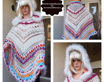 PONCHO à capuche/poncho au crochet avec capuche/poncho en laine blanc, rose, orange et bleu/cadeau pour elle/poncho 3 saisons