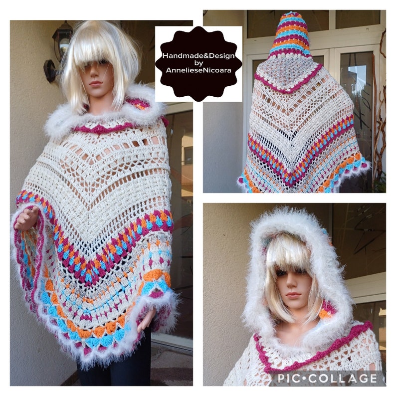 PONCHO met capuchon/gehaakte poncho met capuchon/wit, roze, oranje en blauwe wollen poncho/cadeau voor haar/3 seizoenen poncho afbeelding 1