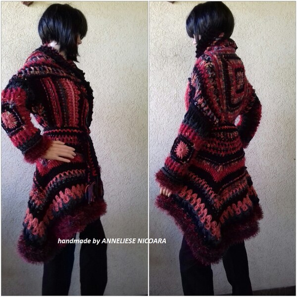 Rezerved para Roxann / chaqueta de ganchillo de las mujeres / Cárdigan grueso / Boho Chic para el otoño y el invierno / negro y rojo abuela cuadrado / tamaño: S a M