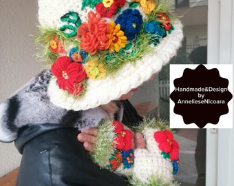 Premium Set: Mittens and Hat with embroidery flowers/ gift for woman/White wool hat with embroidery/Bohemian Winter Set