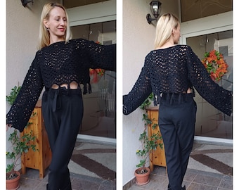 Zwarte Y2K Moss haak Bolero schouderophalen arm mouw/gebreide Crop Top uitgehold visnet trui schouderophalen trui ontwerper