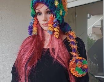 Crochet Long tail HAT with flowers/Winter Pixie hat /purple, orange ,green hat /Gift for her/Unique hat/Bohemian hat