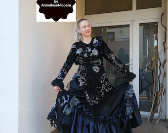 Avondkanten blouse en lange rok/zwart en zilver stijlvolle set/cocktailjurk, moeder van de bruid, bruidsmeisjesjurk, damesmaat medium