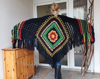 Crochet Poncho-Shawl with fringes /Granny square Poncho/ Shawl in black,green,red and yellow/Poncho-Wrap