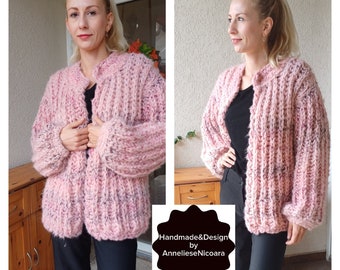 Cardigan surdimensionné en mohair doux et confortable, pull mohair, cardigan mohair rose, cardigan en laine tricoté, cardigan moelleux, cardigan en tricot épais