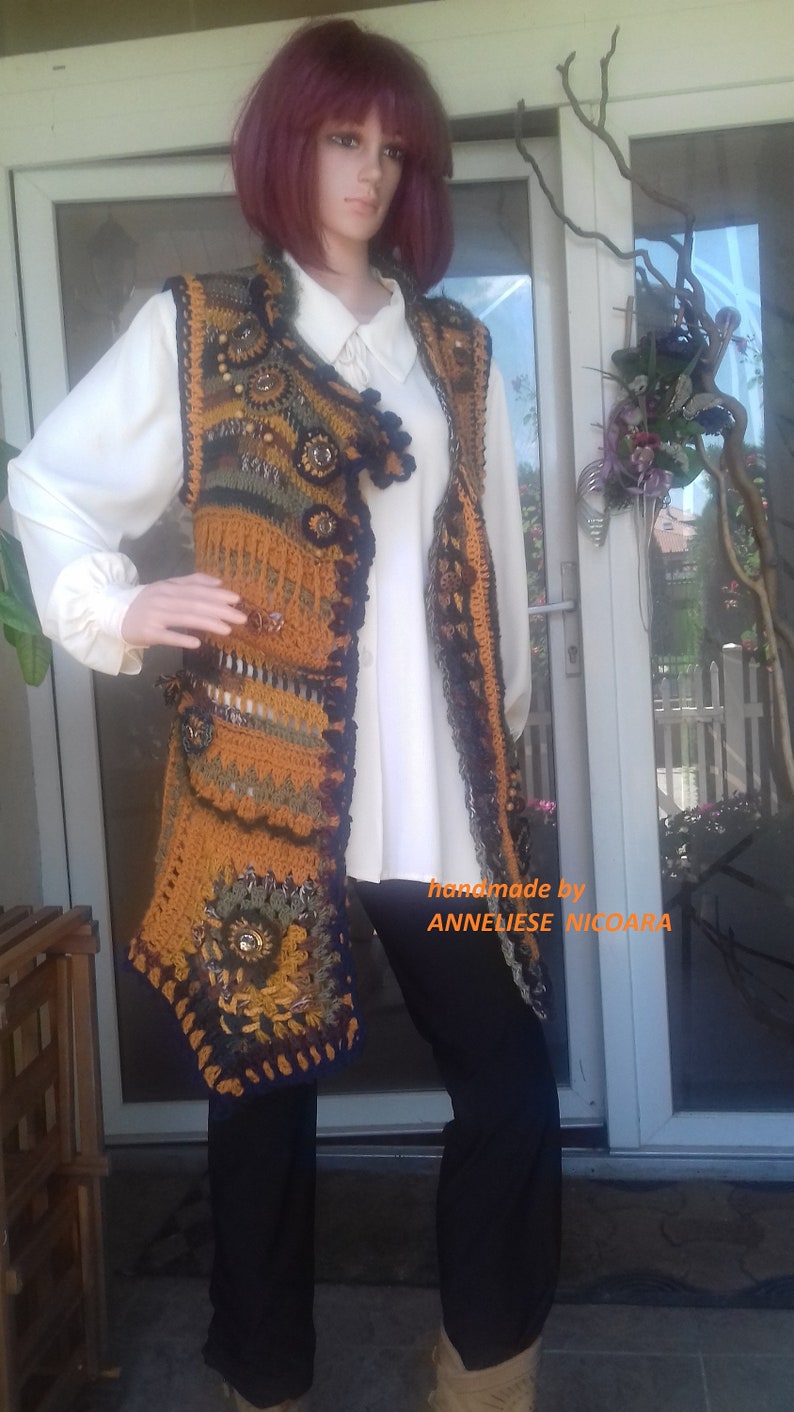 Crochet Chic Vest TunicBohemian sleevless JacketPatchwork Crochet Freestyle Asymmetric Boho Chic Vest with applications-unique design