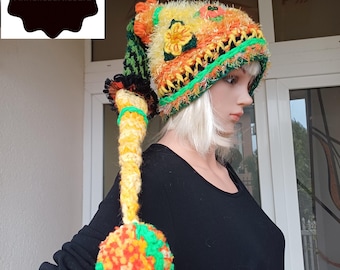 Crochet Long tail HAT with flowers/Winter Pixie hat /yellow, orange ,green hat /Gift for her/Unique hat/Bohemian hat