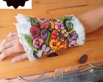 Hand Felted and Embroydered Cuff, Felt wool , Romantic Cuff, Vintage Inspired Cuff, Bohemian, Country Chic,Warm and luxury