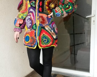 SOLD aut-only to order/Unique design Freeform Women Jacket,Coat,Cardigan,Sweater/Coloful FreeForm patchwork with zipper/boho chic