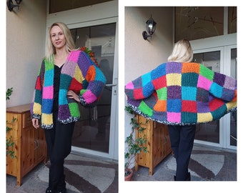 Mohair patchwork cardigan/Knitted Jacket/Plus size cardigan/Knit wool cardigan for women/Unique ,warm and cozy sweater