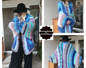 Cocoon Cardigan original and unique design / Crochet cardigan in shades of blue/Bohemian Jacket