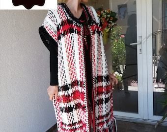 Tartan Vest /Woman Wool Vest in white ,black and red/Long Sleeveless Cardigan/Big size