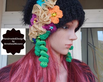 Bohemian winter hat-bonnet with flowers/black hat with flowers /gift for her /unique wool hat