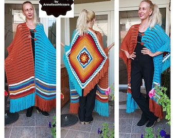 Crochet Poncho-Shawl with fringes and buttons/Granny square Poncho/Summer Shawl in turquoise, copper, blue and white/Poncho-Wrap