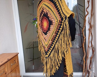 Crochet Poncho-Shawl with fringes and buttons/Granny square Poncho/Summer Shawl in turquoise, copper, blue and white/Poncho-Wrap