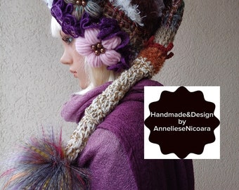 Crochet Long Tail Hat /Fairy Tale Hat in pink ,purple ,brown and white/Bohemian Hand crocheted Hat for women/Unique item/Bohemian hat