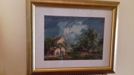 Tapisserie vintage brodée à la main, tapisserie de paysage finie à l' aiguille des gobelins, broderie au petit point - France