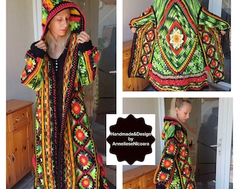 Unique Crochet Coat /Hooded coat in green ,red ,black and yellow/Granny square long cardigan /Bohemian/Long cardigan fits from S to XL