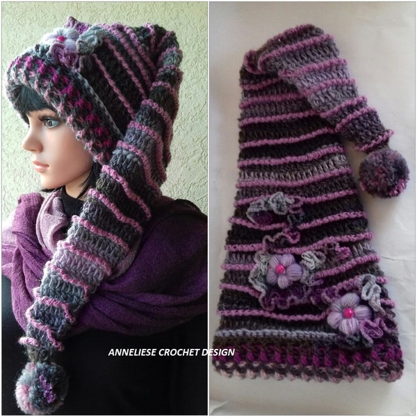 Elf Hat/Original and Unique Hat Design/Pixie Hat /Long tail hat /Fairytales Hat with flowers/Wool crocheted Hat /Pink -Purple-Gray wool Hat/