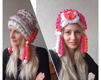 Unique crochet bohemian HAT /White ,pink and orange with flower and ruffles, winter hat/Gift for her