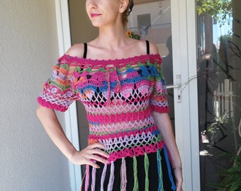 Chic Boho Hippie Multicolor Rainbow Freeform Crochet Blouse/Short Sleeves -Summer Beach - Size  L