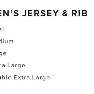 May include: Size chart for women's jersey and rib clothing. The chart shows the corresponding US women's sizes for each size designation: S (Small), M (Medium), L (Large), XL (Extra Large), and 2XL (Double Extra Large).