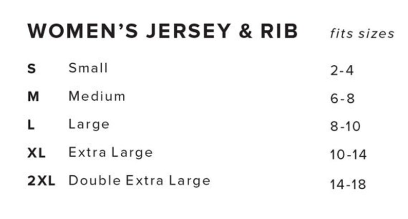 May include: Size chart for women's jersey and rib clothing. The chart shows the corresponding US women's sizes for each size designation: S (Small), M (Medium), L (Large), XL (Extra Large), and 2XL (Double Extra Large).