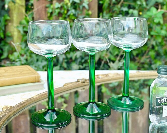 1970s Green Stem Wine Glasses, Luminarc Green Stem Glassware, French