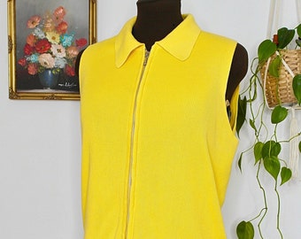 Yellow Knit Vest, 1990s Zip Front Sweater Vest, 90s does 70s Vintage, Sleeveless Sweater, Yellow Knit Tank Top, Cotton Knit Jumper, UK14