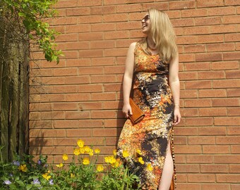 60s Maxi Dress 1960s Floral Maxi Dress Orange Floral Print Sleeveless Summer Dress Hippie Boho Homemade Occasion Dress Small UK Size 8