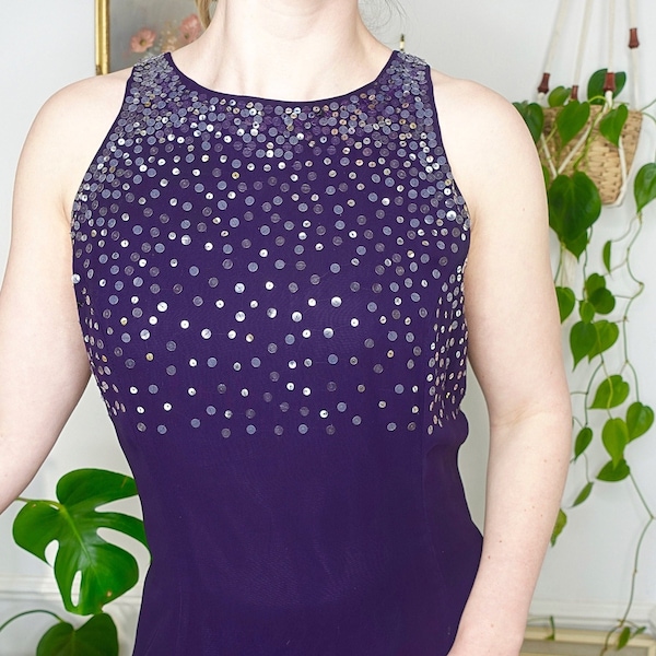 Sequin Party Dress, UK14 Vintage Evening Dress, 90s Fashion, Midnight Blue, Silver Sequin Dress, Sleeveless Skater Dress, Prom Dance Party