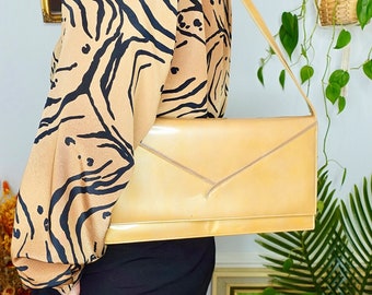Gold Evening Bag, Vintage Clutch Bag, Gold Patent Shoulder Bag, Alende of Mayfair London, 1970s Formal Handbag, Faux Patent Leather