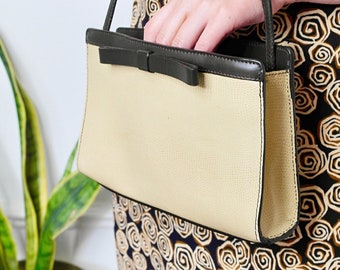 Y2K Cute Handbag, 00s Vintage Bag, Real Leather Handbag, Beige Leather Bag with Bow Detail, Preppy Handbag, Debenhams