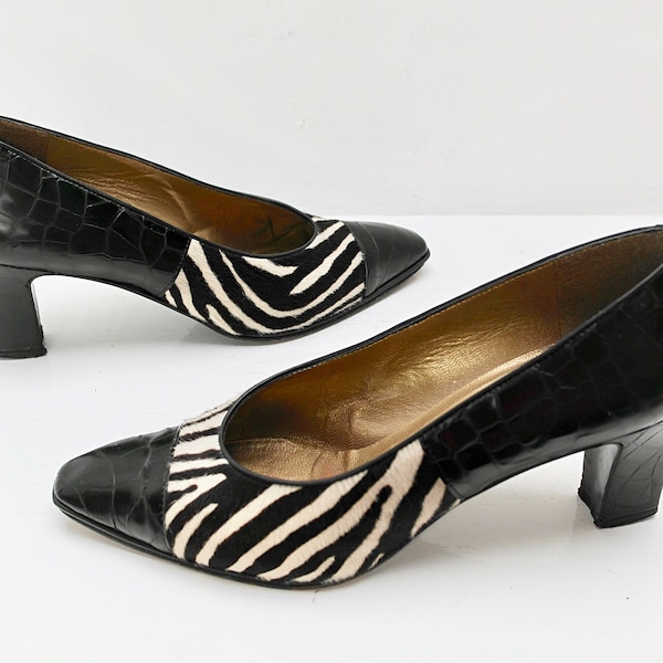 Zebra Print Shoes, Stuart Weitzman, Ladies 6.5 Leather Pumps, 1990s Vintage Court Heels, Black Snakeskin Shoes, Zebra Pattern Heels