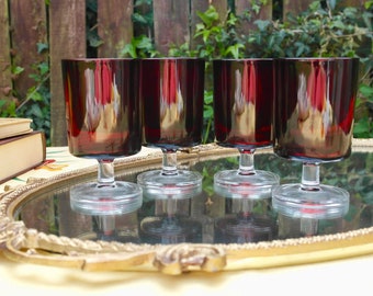 Large Luminarc Tumblers, 70s French Red Wine Glasses, Red Stemmed Glassware, Luminarc Cavalier Cordial Glasses, Retro Barware Set of 4