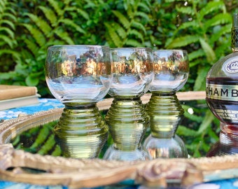 Gold Leaf Wine Glasses, Green Glass Goblets, Beehive Stem Glasses, Roemer Wine Glass Set of 3, Vintage Glassware, Decorative Gold Glassware