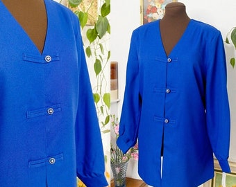 UK20 Evening Top, 1980s Royal Blue Blouse, NEW Plus Size Vintage Blouse, 1980s Ladies Clothing, Button Front Blouse, New Old Stock