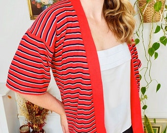 1970s Striped Cardigan, Red Acrylic Knit, UK10 Open Front Cardigan, Striped Print Knitwear, C&A Vintage Cardigan, Striped Knit Cardi