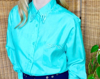 UK14 Green Blouse, 1970s Silky Blouse, Scalloped Collar Shirt, Vintage Secretary Style, Turquoise Green Shirt, Long Sleeve Blouse