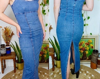 Denim Maxi Dress, 90s Denim, Long Denim Skirt, XS Tight Denim Dress, United Colors of Benetton, Vintage Jean Dress, Denim Skirt with Slit