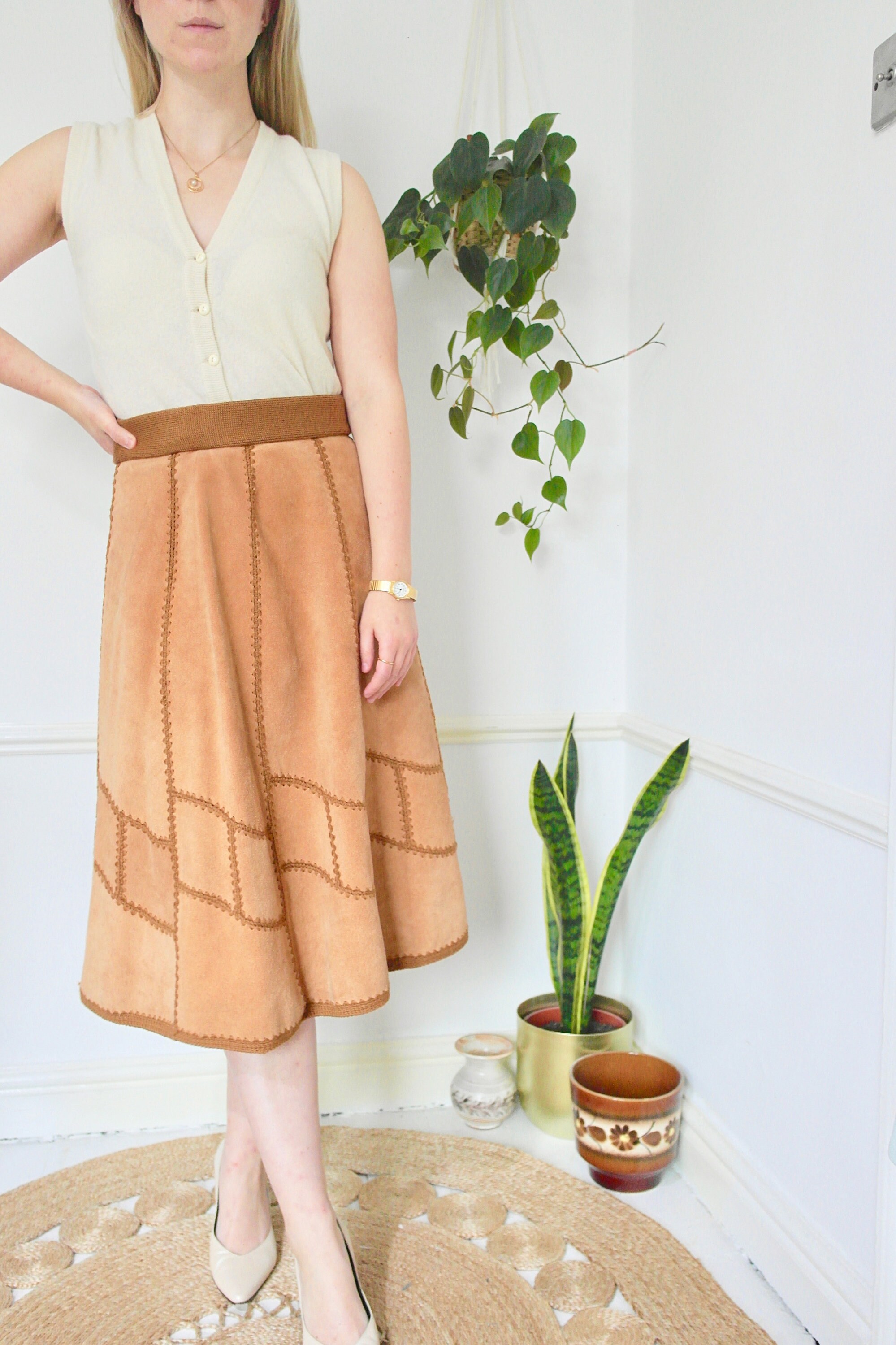 Image of S Suede Midi Skirt, Vintage Leather S Boho Tan Brown Real Suede, High Waist Flared Aline Uk Size