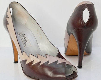 UK4 Renata Heels, Vintage Leather Heels, Statement Shoes, Grey Stiletto Heels, Italian Leather Shoes, Peep Toe 1980s Occasion Shoes